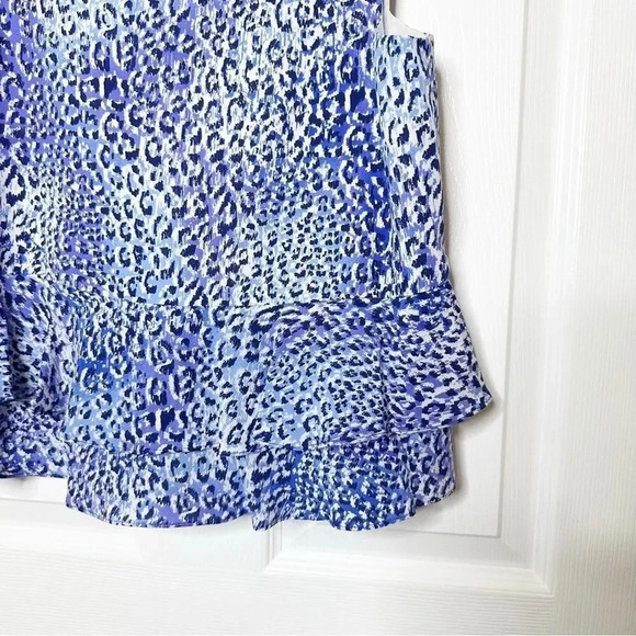 REBECCA TAYLOR Blue Crush Leopard Fever Ruffle Hem 100% Silk Top Size 0 - Picture 4 of 8